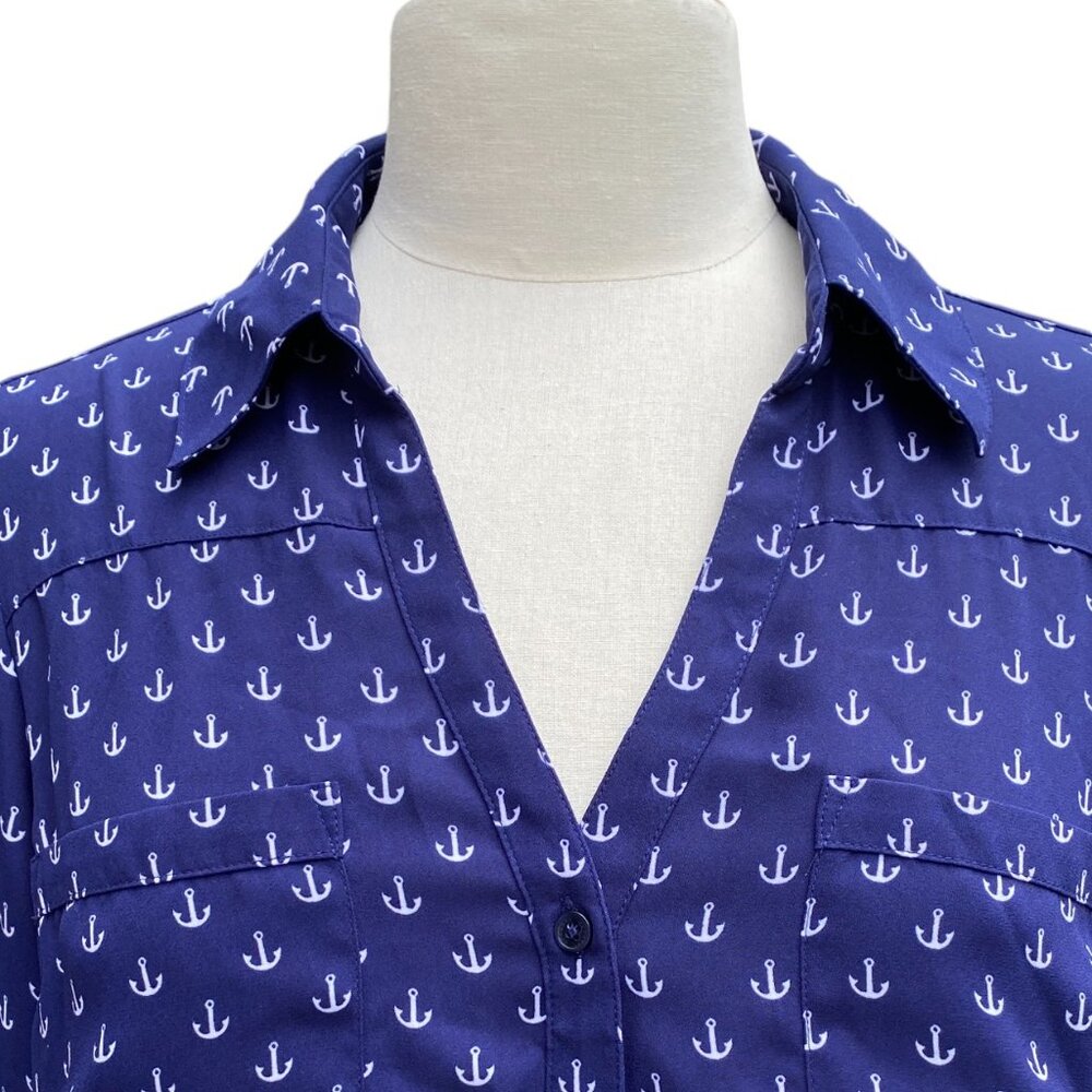 Express The Portofino Shirt Blue Nautical Anchor Print Roll Tab Coastal Preppy-L - Picture 3 of 15
